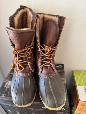 L.L. Bean Brown Leather and Dark Rubber Duck Boots with Tan Shearling Lining